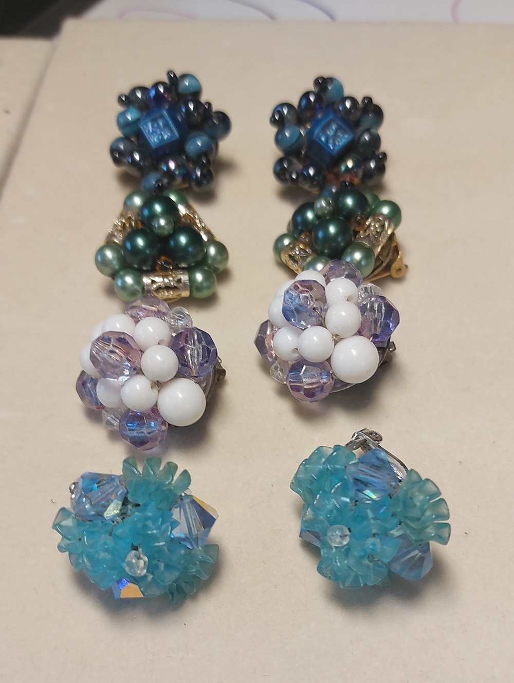 Vintage Beaded Cluster Clip On Earrings Lot 4 Pairs Glass Pearl Crystal Retro